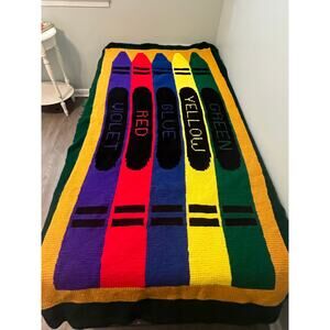 VTG Crochet Crayon Colors Twin Size Afghan Blanket 44"x92" Homeschool Day Care